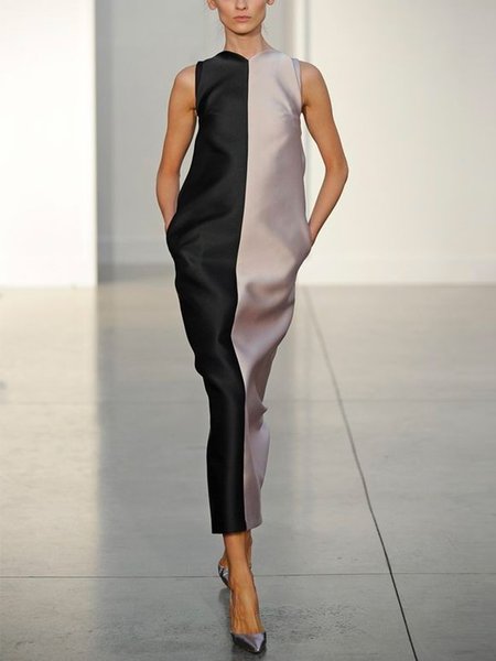 

Sleeveless Color Block Urban Maxi Dress With No Belt, Black, Maxi Dresses