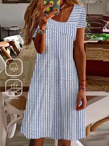 

Women's Short Sleeve Summer Striped Asymmetrical Daily Going Out Casual Short A-Line Dress Blue, Dresses