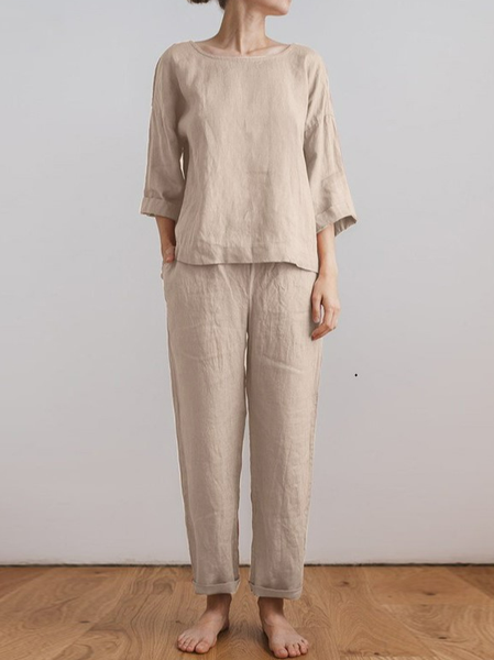 

Women's Plain Two-Piece Set Daily Three Quarter Sleeve Casual Spring/Fall Top With Pants Matching Set, Apricot, Suit Set