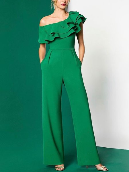 

Elegant Regular Fit Asymmetrical Plain Jumpsuit, Green, Jumpsuits