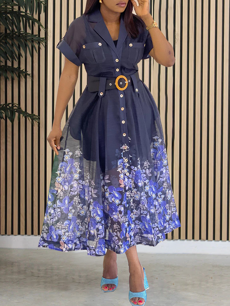 

Regular Fit Elegant Lapel Collar Short Sleeve Maxi Dress With Belt, Navyblue, Maxi Dresses