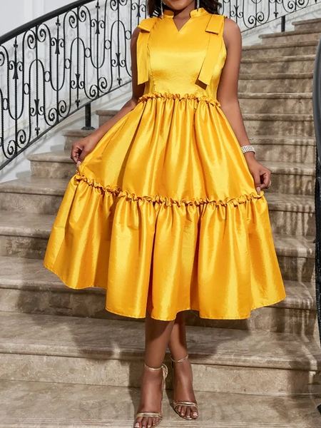 

Regular Fit Elegant Stand Collar Sleeveless Midi Dress, Yellow, Midi Dresses