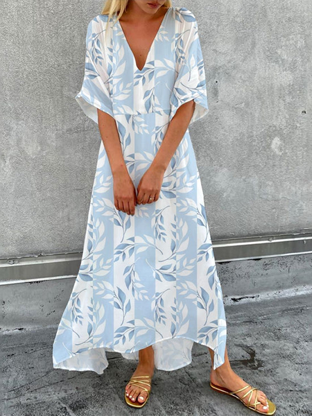 

Women Leaf V Neck Half Sleeve Comfy Casual Maxi Dress, Blue, Dresses