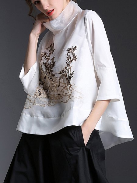 

Plants Stand Collar Urban Loose Shirt, White, Blouses and Shirts
