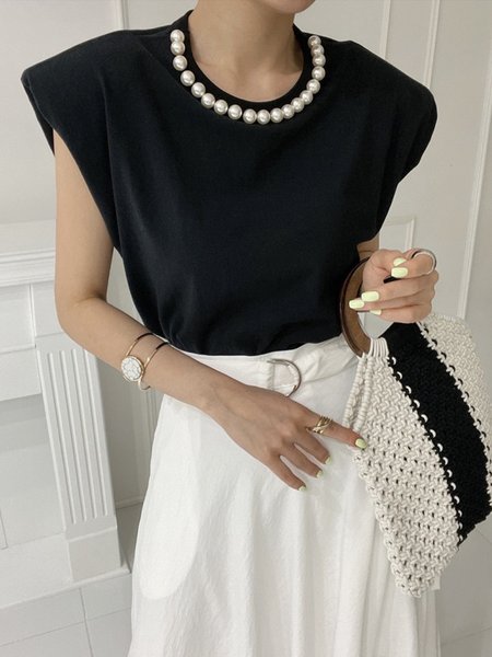 

Plain Beaded Short Sleeve Crew Neck T-Shirt, Black, Tees