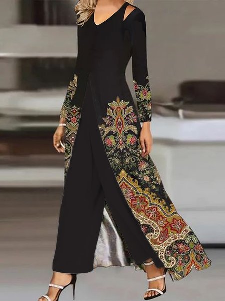 Women Ethnic V Neck Long Sleeve Comfy Casual Top With Pants Two-Piece Set, Black, Sets