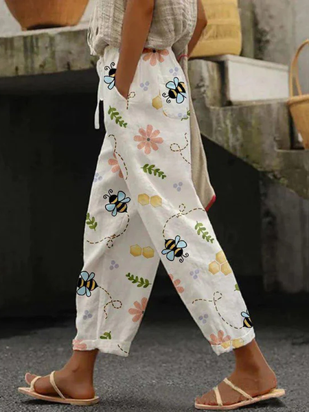 

Casual Floral Long Pocket Stitching Pant, White, Pants