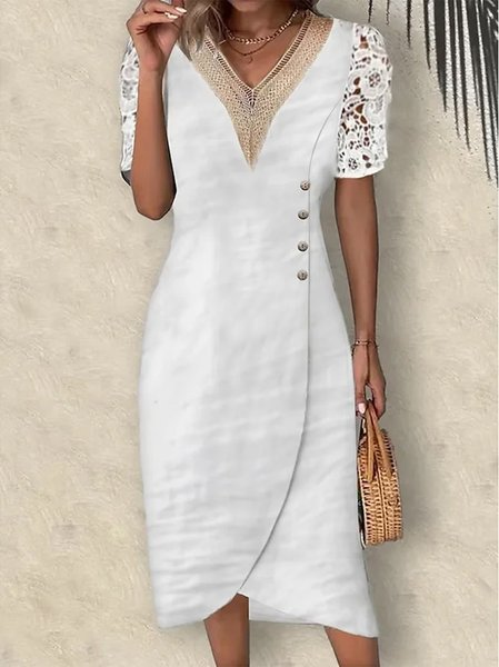 

Regular Fit Plain Elegant Cotton-Blend Dress, White, Dresses