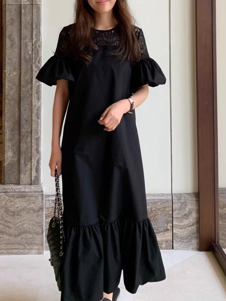 

Regular Fit Crew Neck Urban Plain Dress, Black, Maxi Dresses