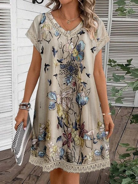 

Casual V Neck Butterfly Dress, Khaki, Dresses