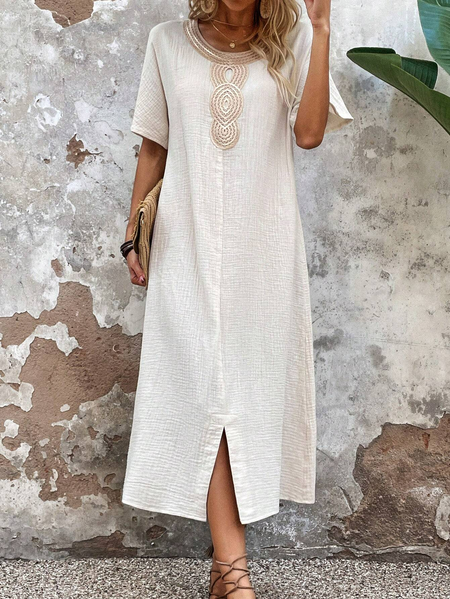 

Crew Neck Lace Edge Loose Linen Dress, White, Dresses