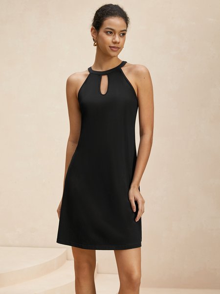 

Women Plain Halter Sleeveless Comfy Casual Short Dress, Black, Short