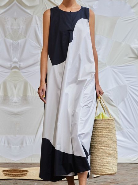 

Simple Color Block Loose Casual Sleeveless Dress, White, Maxi Dresses