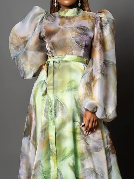 

Regular Fit Stand Collar Long Sleeve Abstract Elegant Shirt, Green, Blouses and Shirts