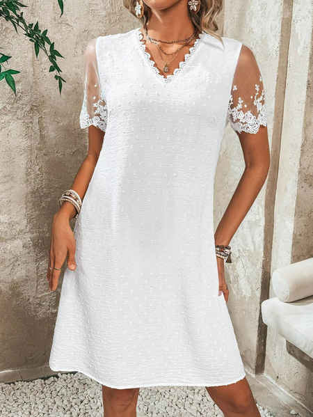 

Casual V Neck Loose Lace Dress, White, Dresses