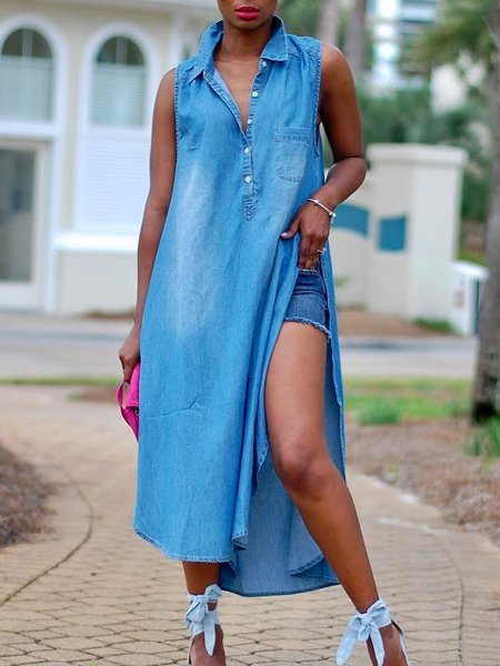 Shirt Collar Sleeveless Casual Denim Blouse, Denim blue, Denim Tops