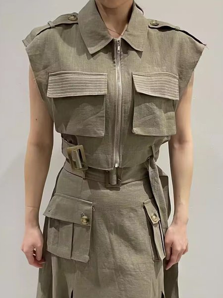

Urban Plain Pocket Stitching Blouse With Belt, Green, Blouses and Shirts