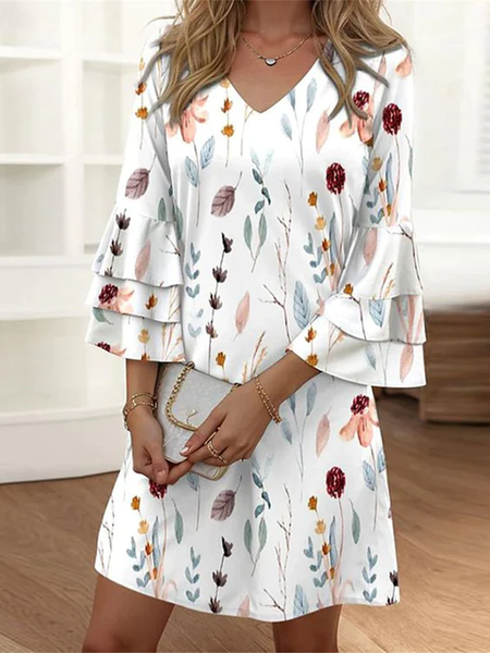 

Women Floral V Neck Three Quarter Sleeve Comfy Casual Short Dress, White, Dresses
