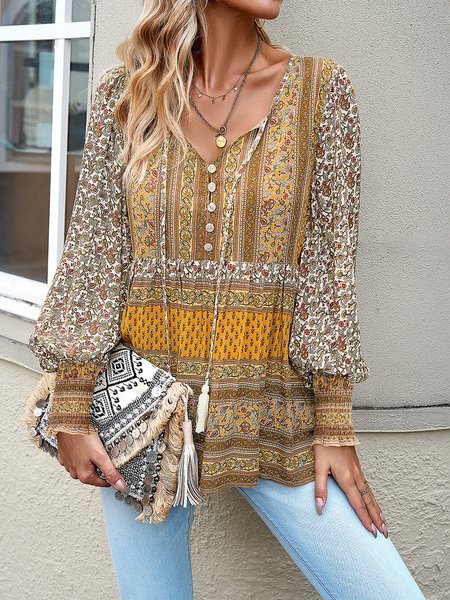 

V Neck Long Sleeve Ethnic Regular Loose Shirt For Women, Yellow, Blouses