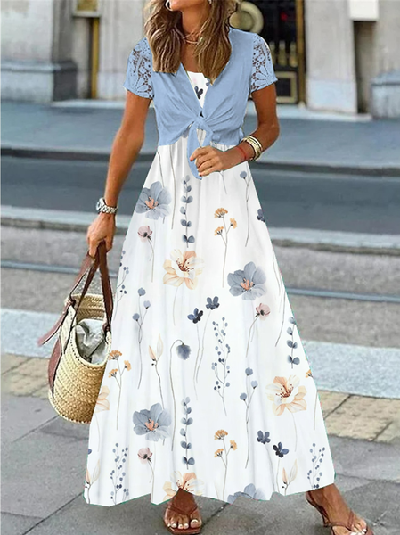 

Elegant Loose Floral Knitted Two-Piece Set, Blue, Dresses