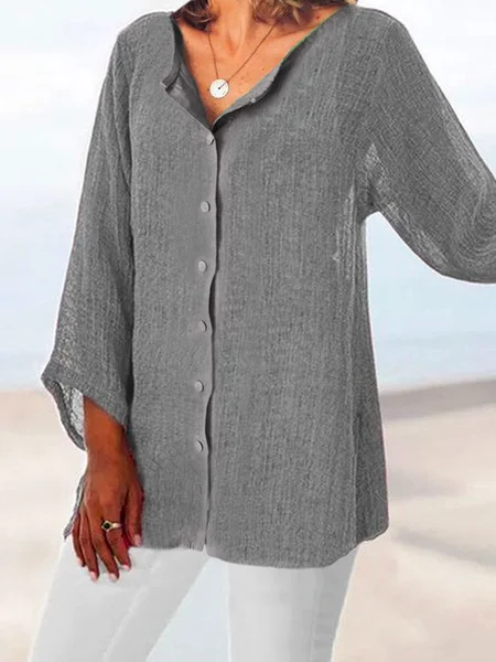 

Casual Plain Cotton-Blend Linen Style Blouse, Gray, Blouses & Shirts