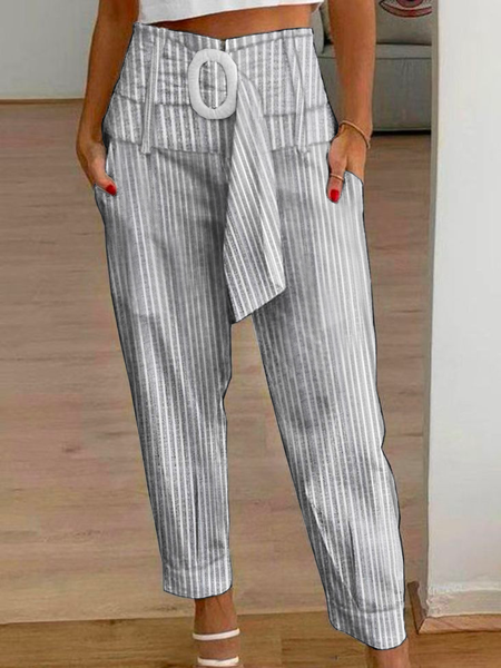 

Simple Regular Fit Striped Linen Style Pants, Gray, Pants