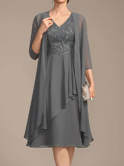 

Plain Elegant V Neck Two-Piece Set, Gray, Dresses
