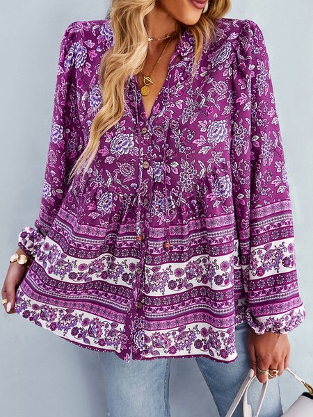 

V Neck Long Sleeve Floral Regular Loose Shirt For Women, Purple, Blouses