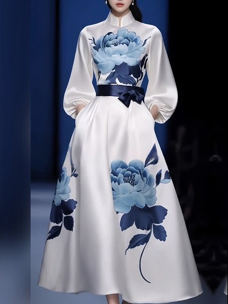 

Floral Urban Regular Fit Stand Collar Dress, Blue, Maxi Dresses