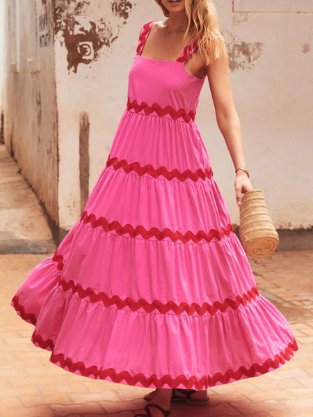 

Women Striped Spaghetti Gallus Comfy Boho Maxi Dress, Rose red, Dresses