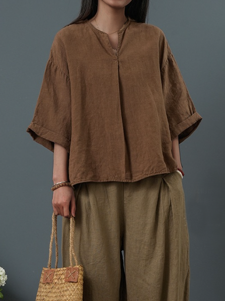 

Casual Cotton Plain Linen Style Shirt, Brown, Blouses & Shirts