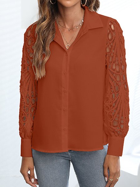 

Shirt Collar Long Sleeve Plain Lace Regular Loose Blouse For Women, Light brown, Blouses