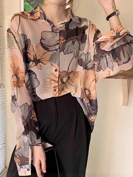 

Shirt Collar Chiffon Casual Floral Blouse, As picture, Blouses and Shirts