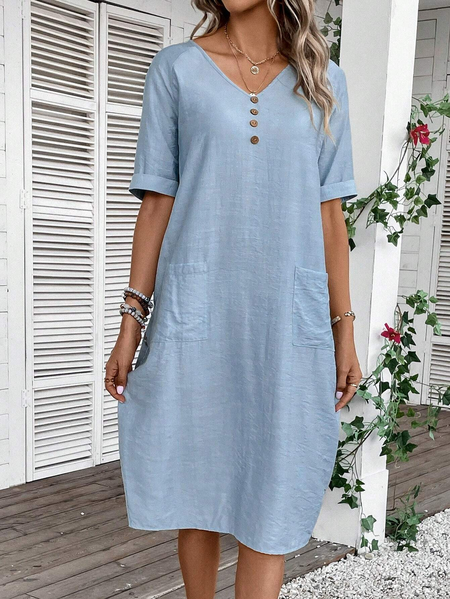 

V Neck Plain Casual Buckle Dress, Blue, Dresses