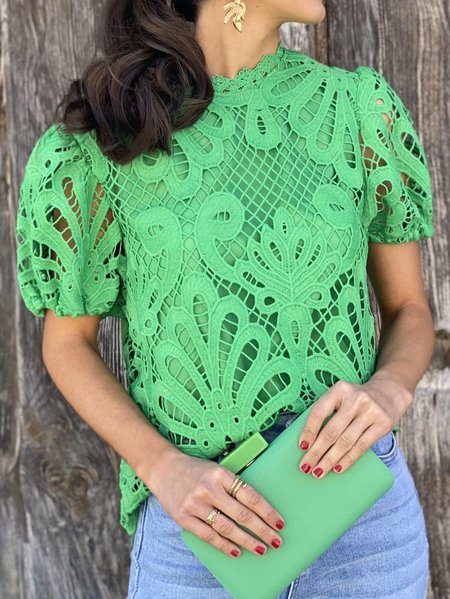 

Crew Neck Short Sleeve Plain Regular Loose Shirt For Women, Green, Blouses