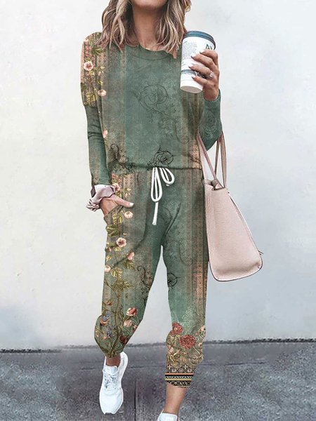 

Women Ethnic Crew Neck Long Sleeve Comfy Casual Top With Pants Two-Piece Set, Green, Sets