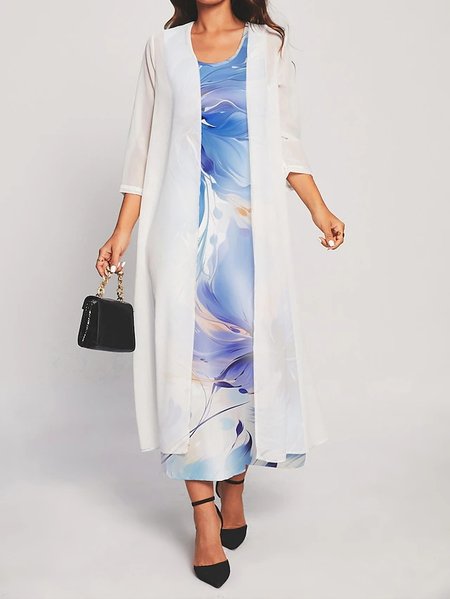 

Loose Crew Neck Elegant Two-Piece Set, White-blue, Dresses