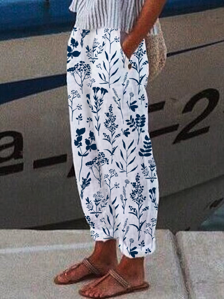 

Floral Vacation Loose Linen Style Pants, Blue, Pants