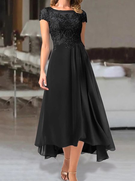 

Elegant Crew Neck Plain Lace Dress, Black, Dresses