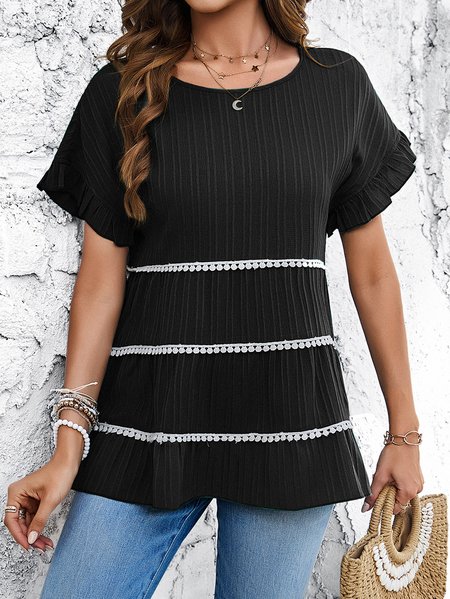 

Crew Neck Short Sleeve Plain Regular Loose Shirt For Women, Black, Blouses