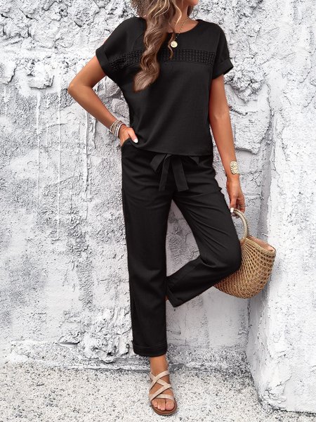 

Women Plain Crew Neck Short Sleeve Comfy Casual Top With Pants Two-Piece Set, Black, Sets