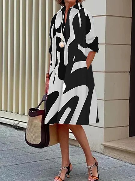 

Loose Color Block Shirt Collar Simple Dress, Black, Dresses