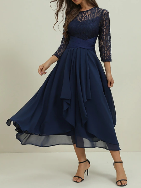 

Plain Chiffon Crew Neck Elegant Dress, Dark blue, Dresses