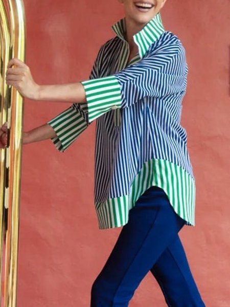 

Casual Loose Striped Stand Collar Blouse, Blue, Blouses and Shirts