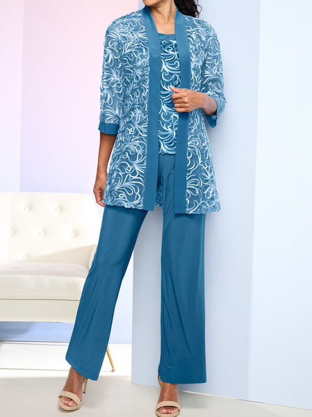 

Plain Crew Neck Elegant Loose Matching Outfit, Light blue, Suit Set