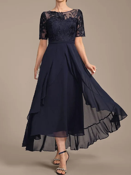 

Lace Elegant Crew Neck Plain Dress, Dark blue, Dresses