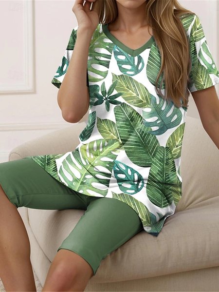 

Casual Loose Leaf Two-Piece Set, Green, Suit Set
