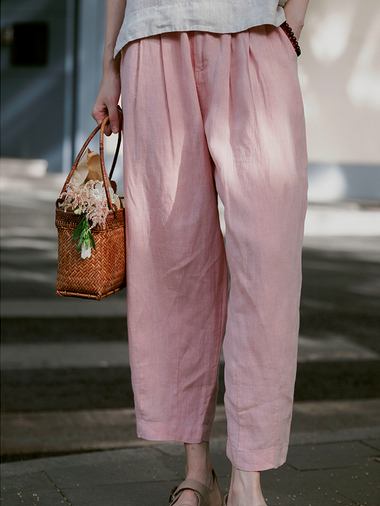 

Cotton Loose Plain Casual Linen Style Pants, Pink, Pants