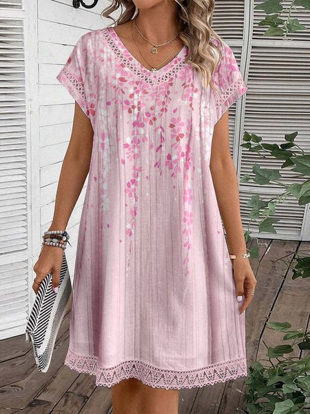 

Casual V Neck Floral Lace Edge Dress, Pink, Dresses
