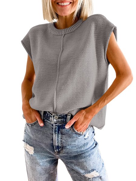 

Women Yarn/Wool Yarn Plain Cap Sleeve Comfy Casual Sweater, Gray, Blouses